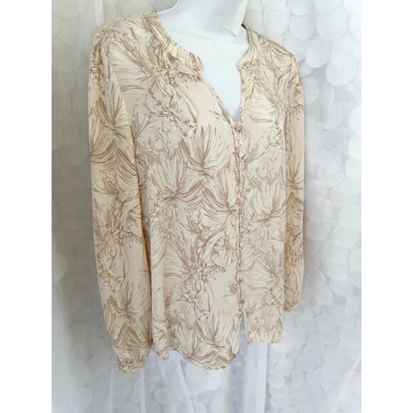 Cynthia Rowley M Beige Toile Palm leaf print chiffon blouse long sleeve V neck - Picture 3 of 9